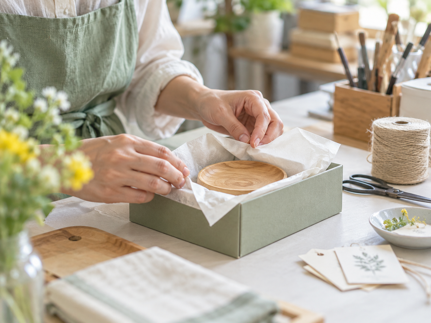 木工品を丁寧に包む作業のイメージ