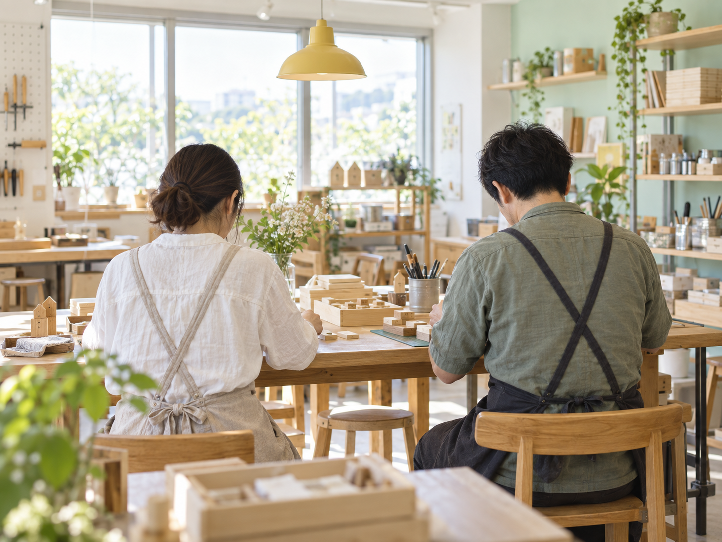 明るい作業室で一緒に木工に取り組むイメージ