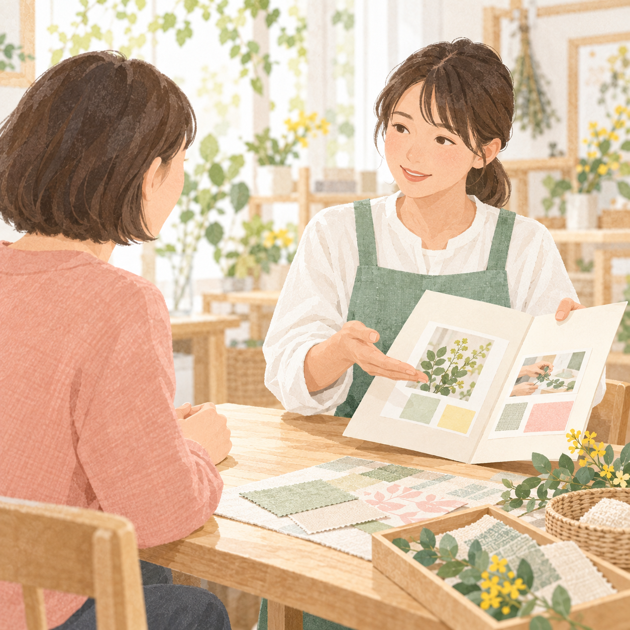 Space Viaの見学でスタッフと相談するイメージイラスト